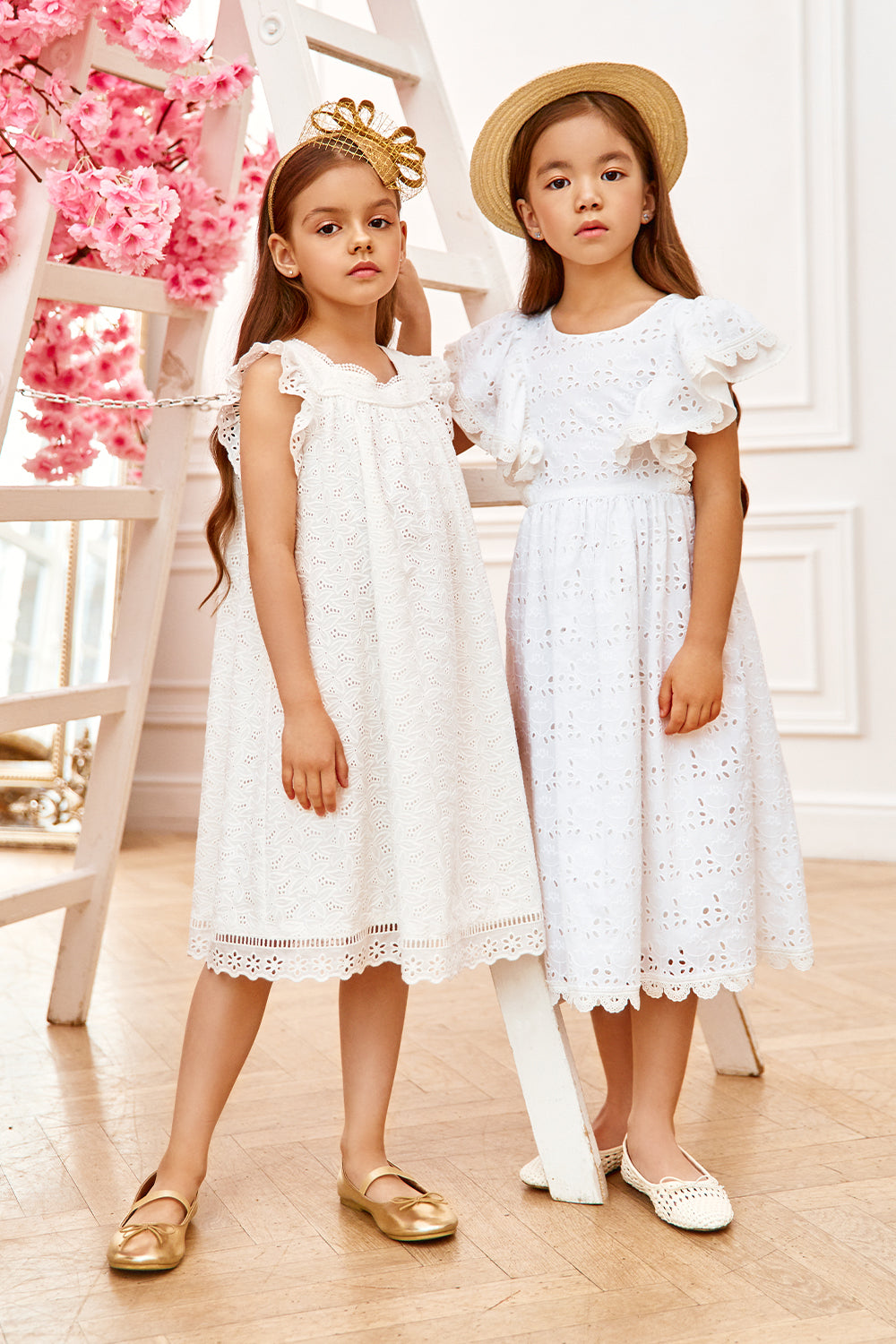 White embroidered cotton/broderie anglaise flare dress with frills/sleeves