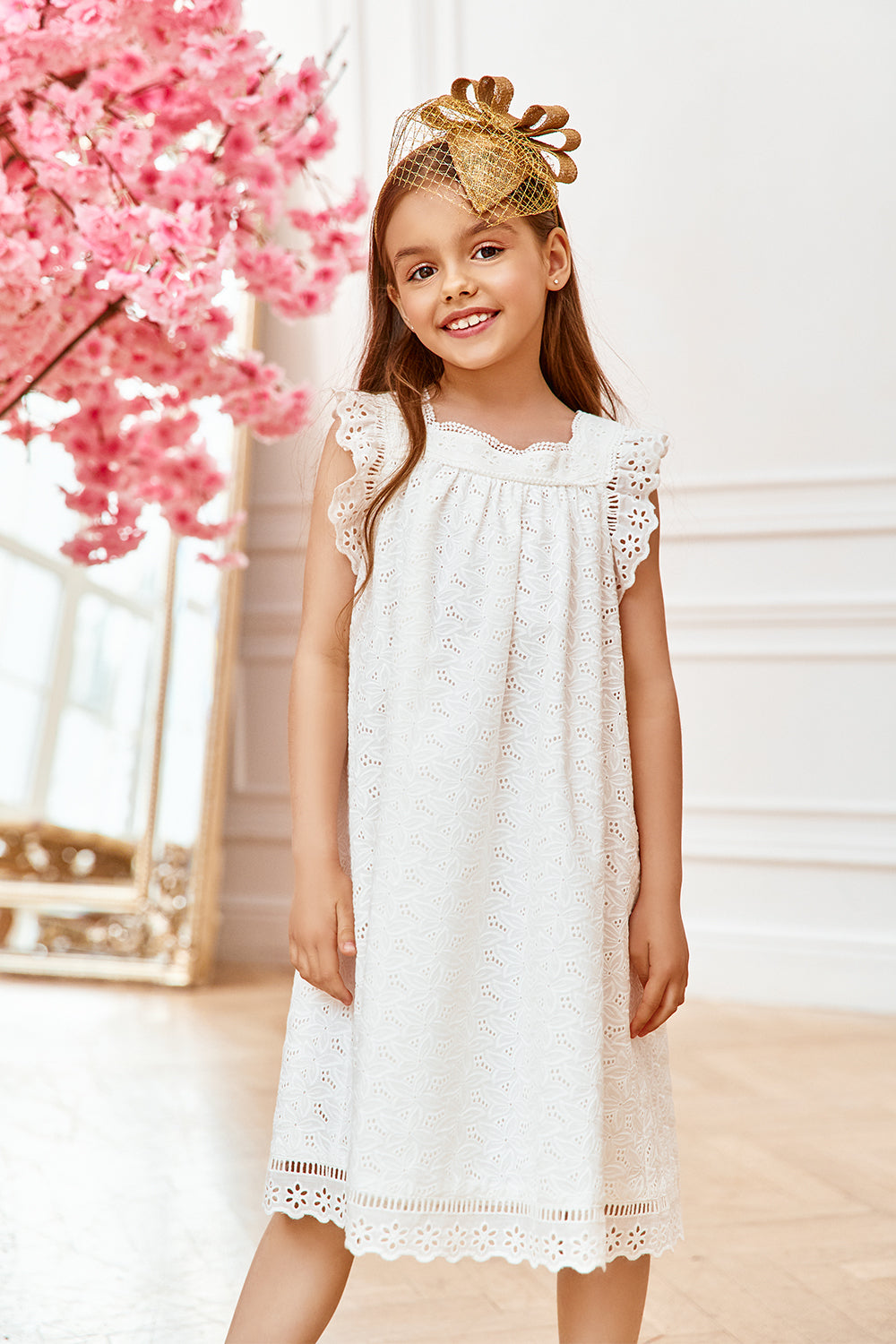 White embroidered cotton/broderie anglaise flare dress with frills/sleeves