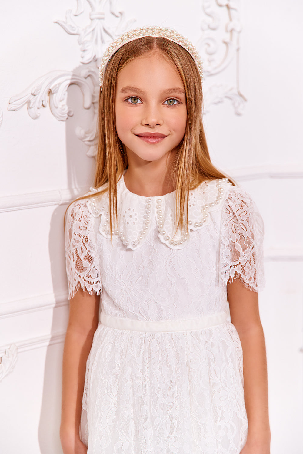 White lace dress with cotton emboidered collar with pearls