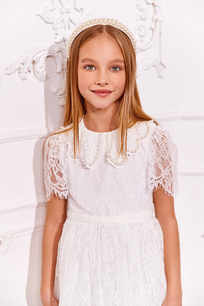 White lace dress with cotton emboidered collar with pearls