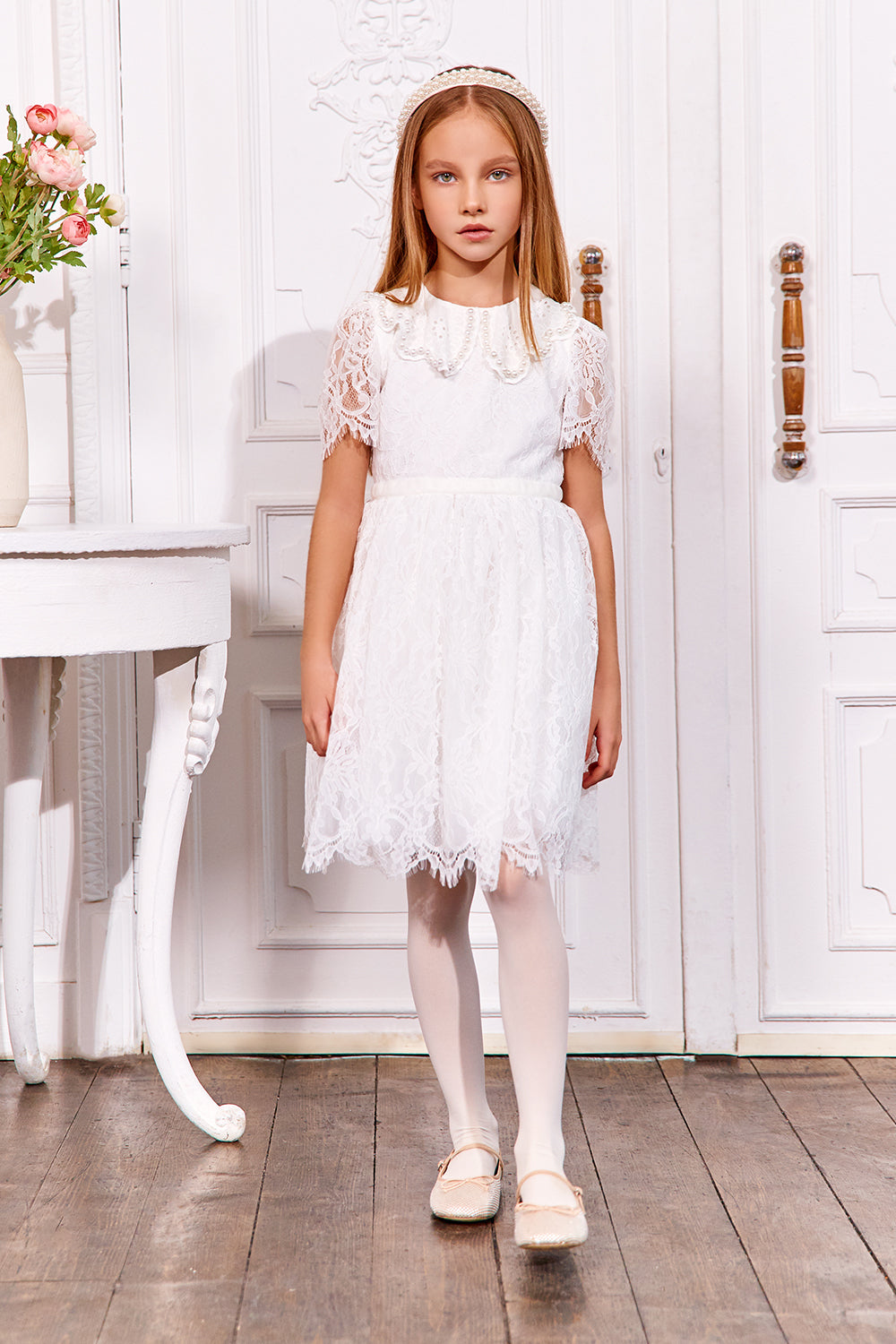 White lace dress with cotton emboidered collar with pearls