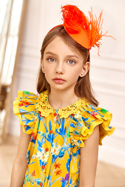 Yellow cotton Spring flowers Liberty print dress with yellow bow and green glass button