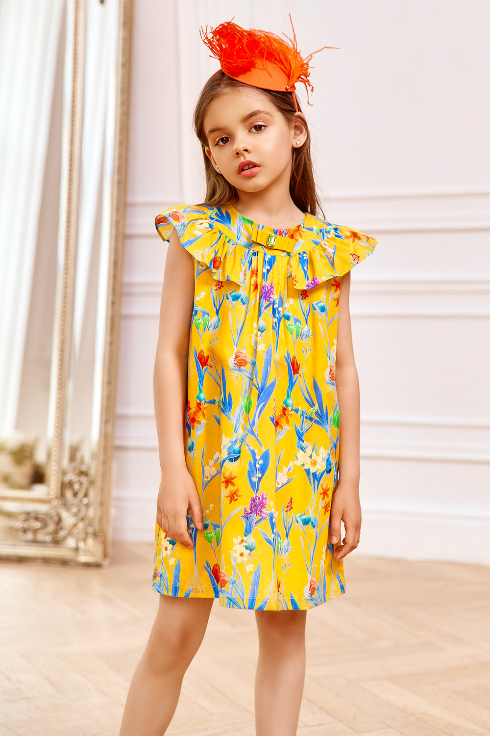 Yellow cotton Spring flowers Liberty print dress with yellow bow and green glass button