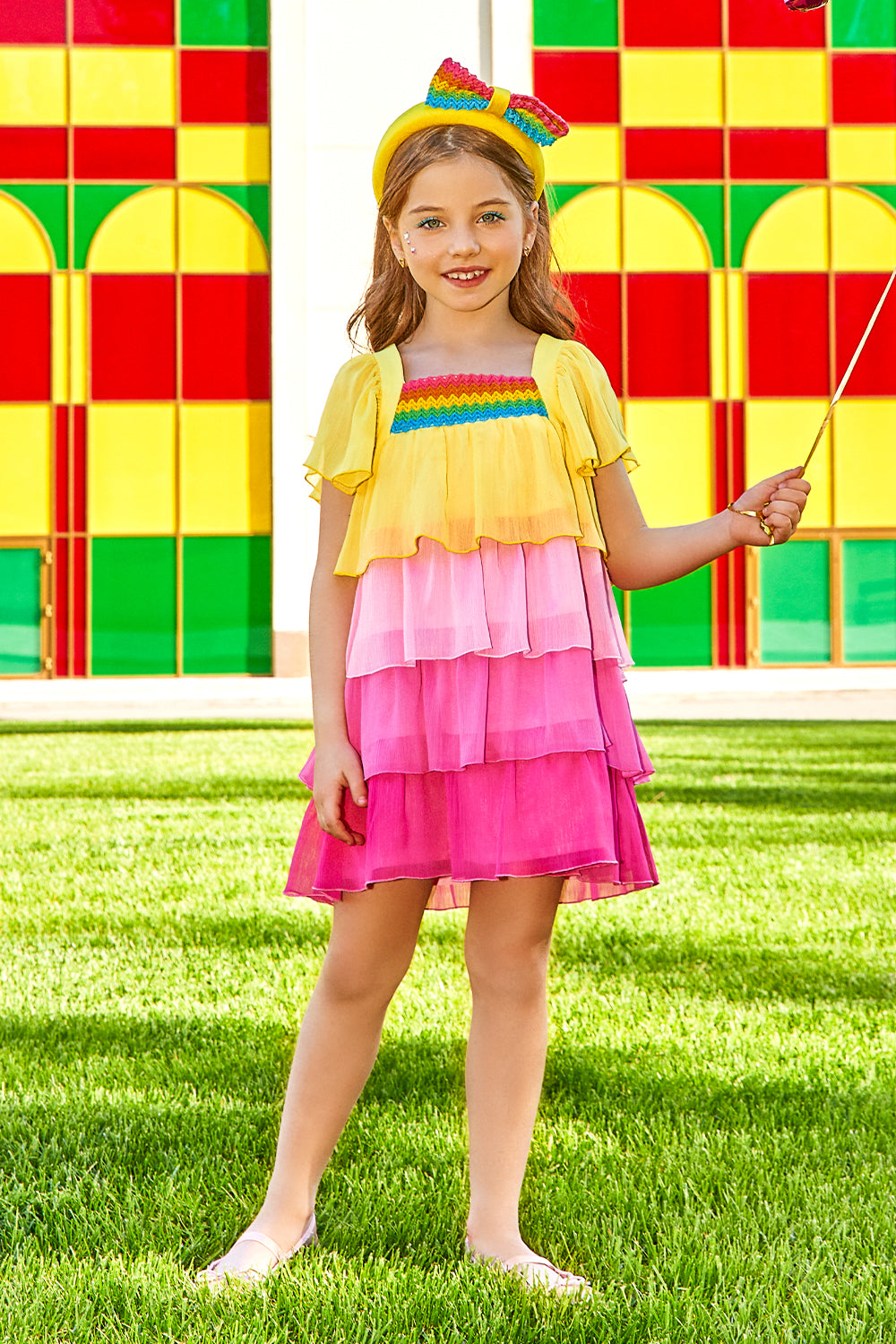 Yellow, pink and fuchisa chiffon tired frills dress with matching multicolor front detail