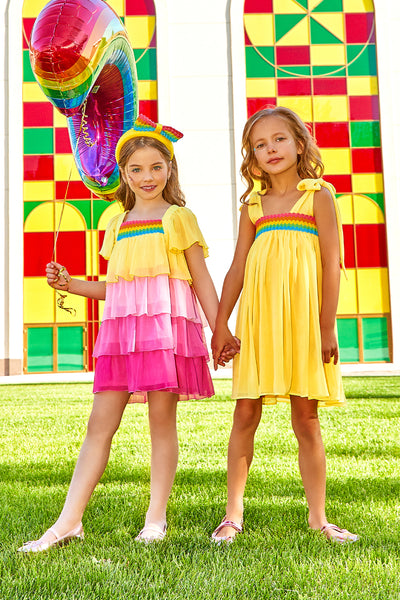 Yellow, pink and fuchisa chiffon tired frills dress with matching multicolor front detail