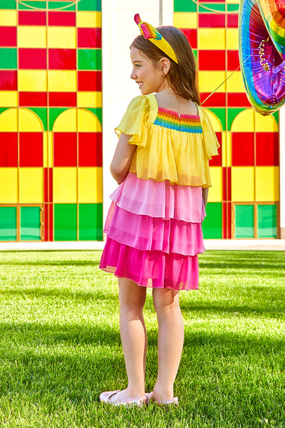 Yellow, pink and fuchisa chiffon tired frills dress with matching multicolor front detail