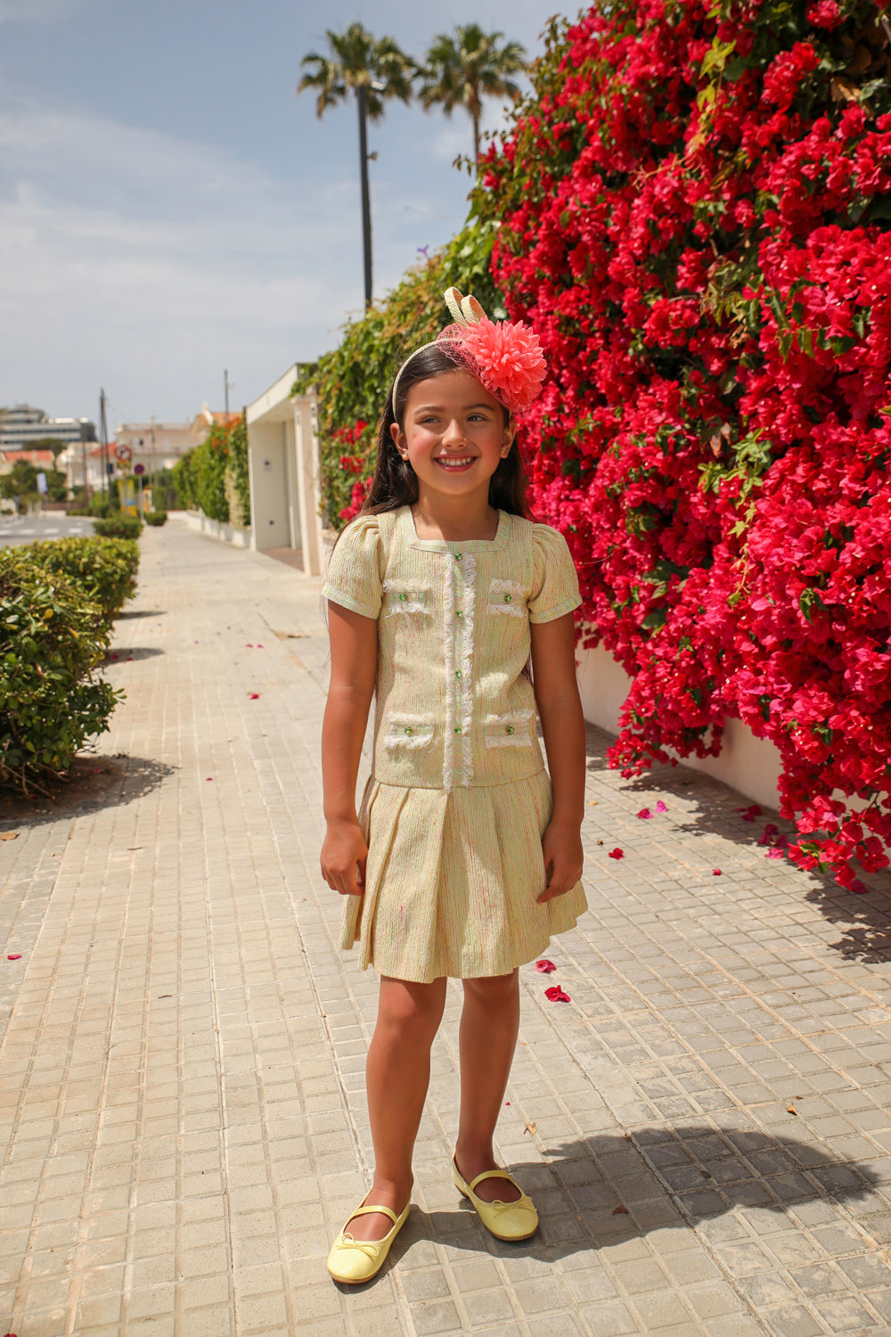 Yellow light tweed cotton pleated dress with green crystal buttons