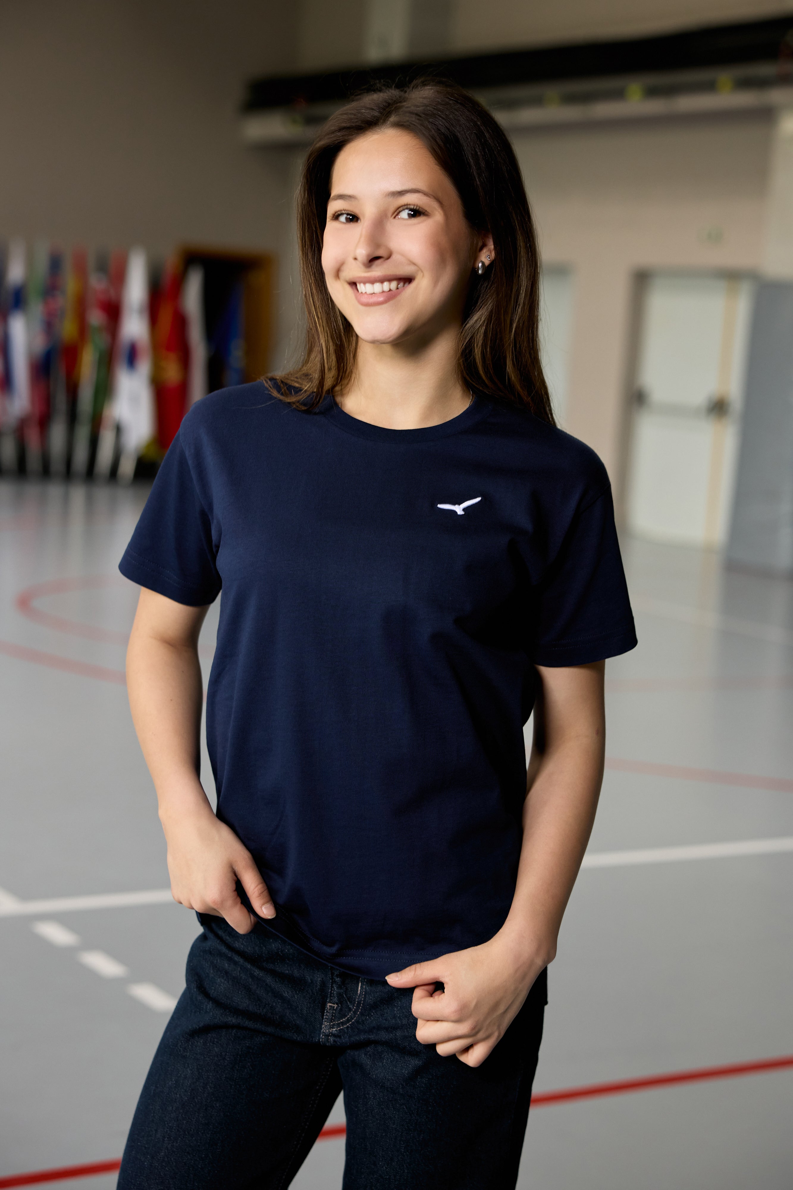 Navy t-shirt teen girls with AEA logo