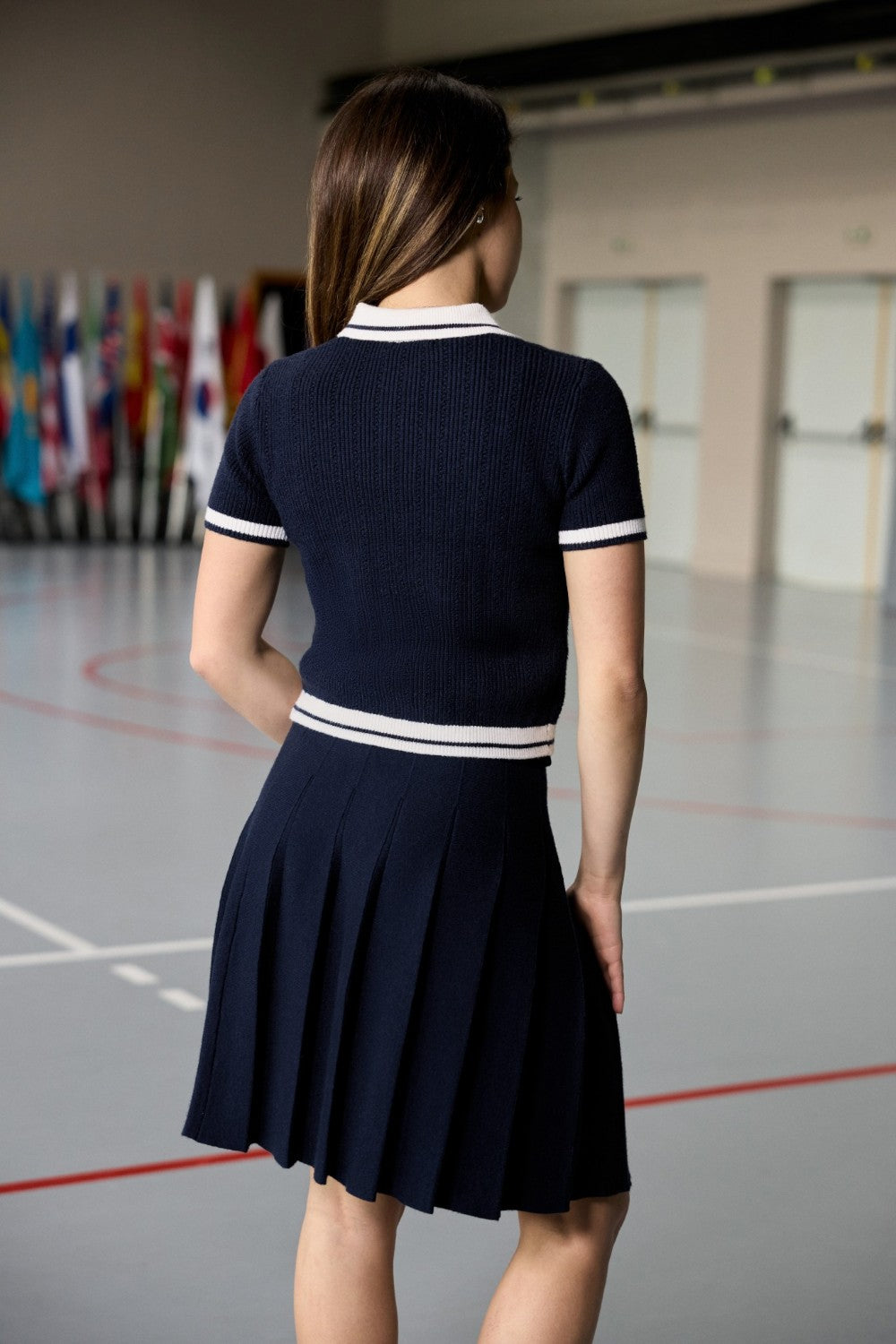 Navy knit skirt set with short sleeves
