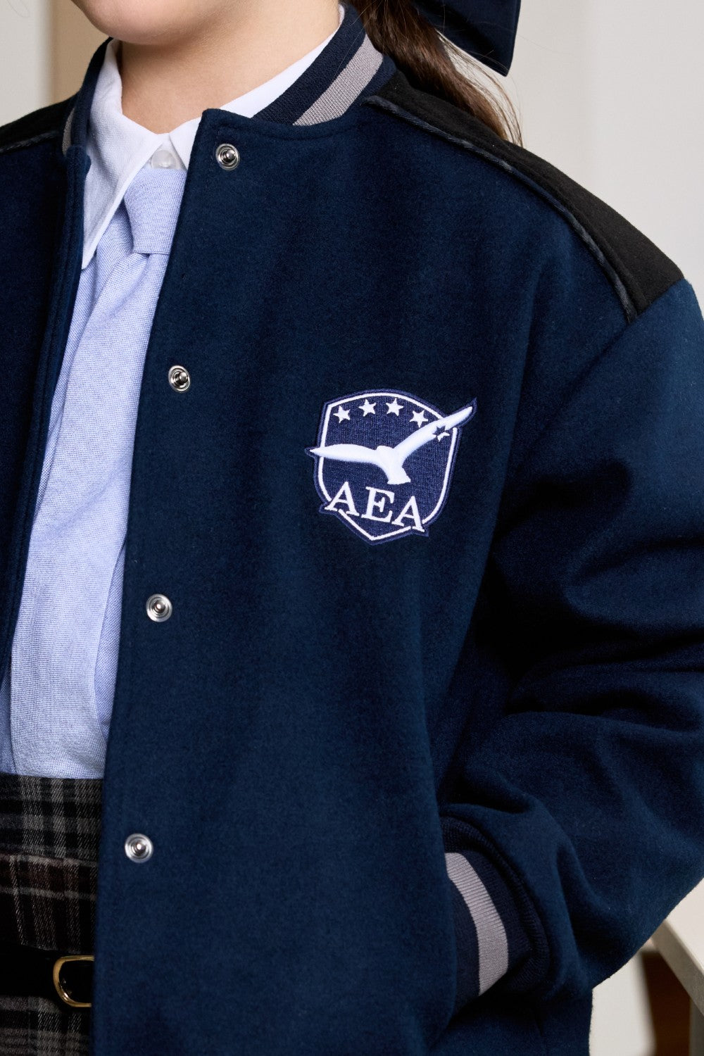 Navy bomber jacket for little girls with logo