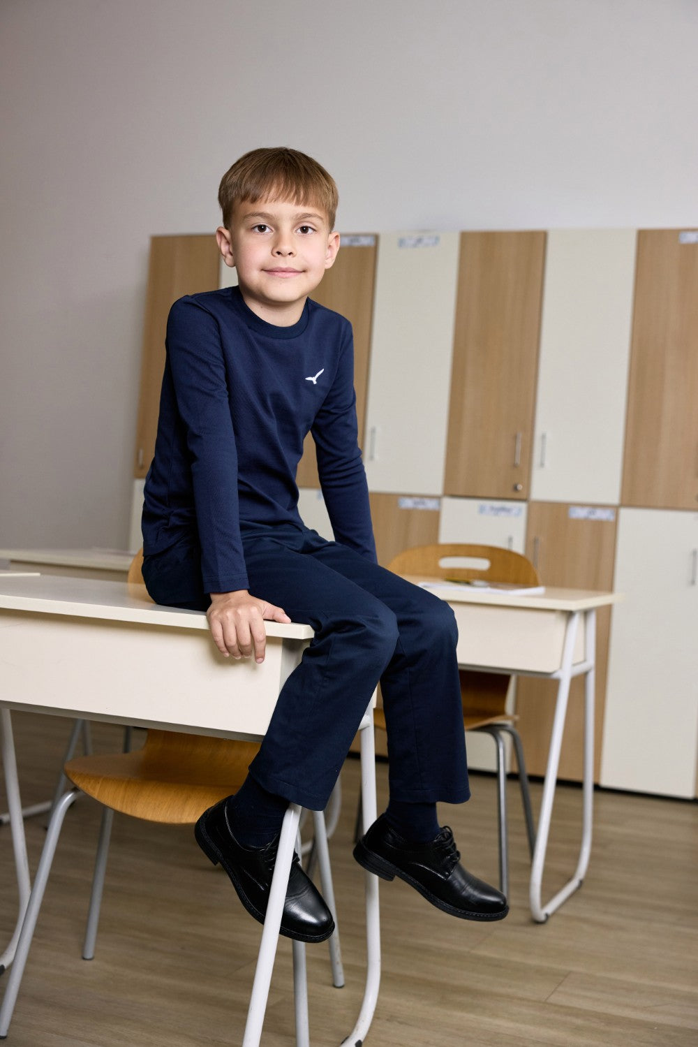 Navy long sleeve cotton t-shirt for little boys with logo