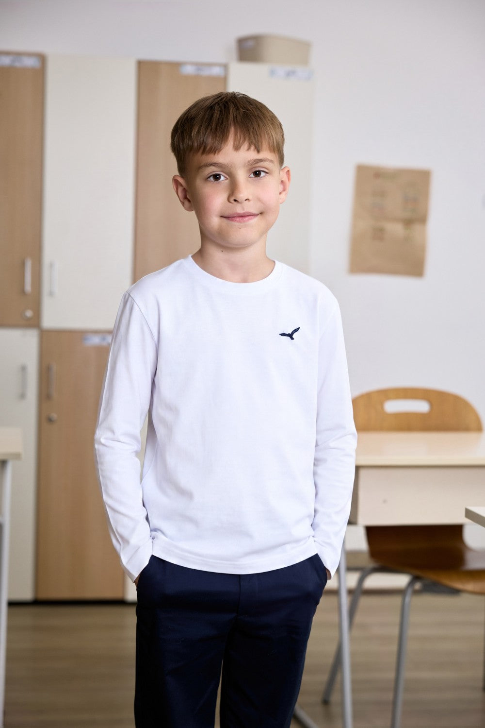 White long sleeve cotton t-shirt for little boys with logo