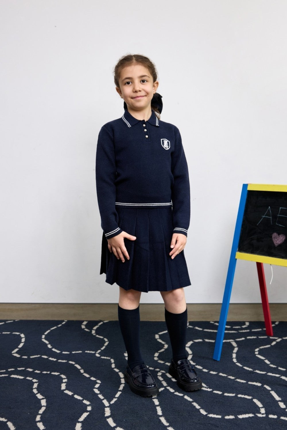 Navy knit skirt set for girls with long sleeves