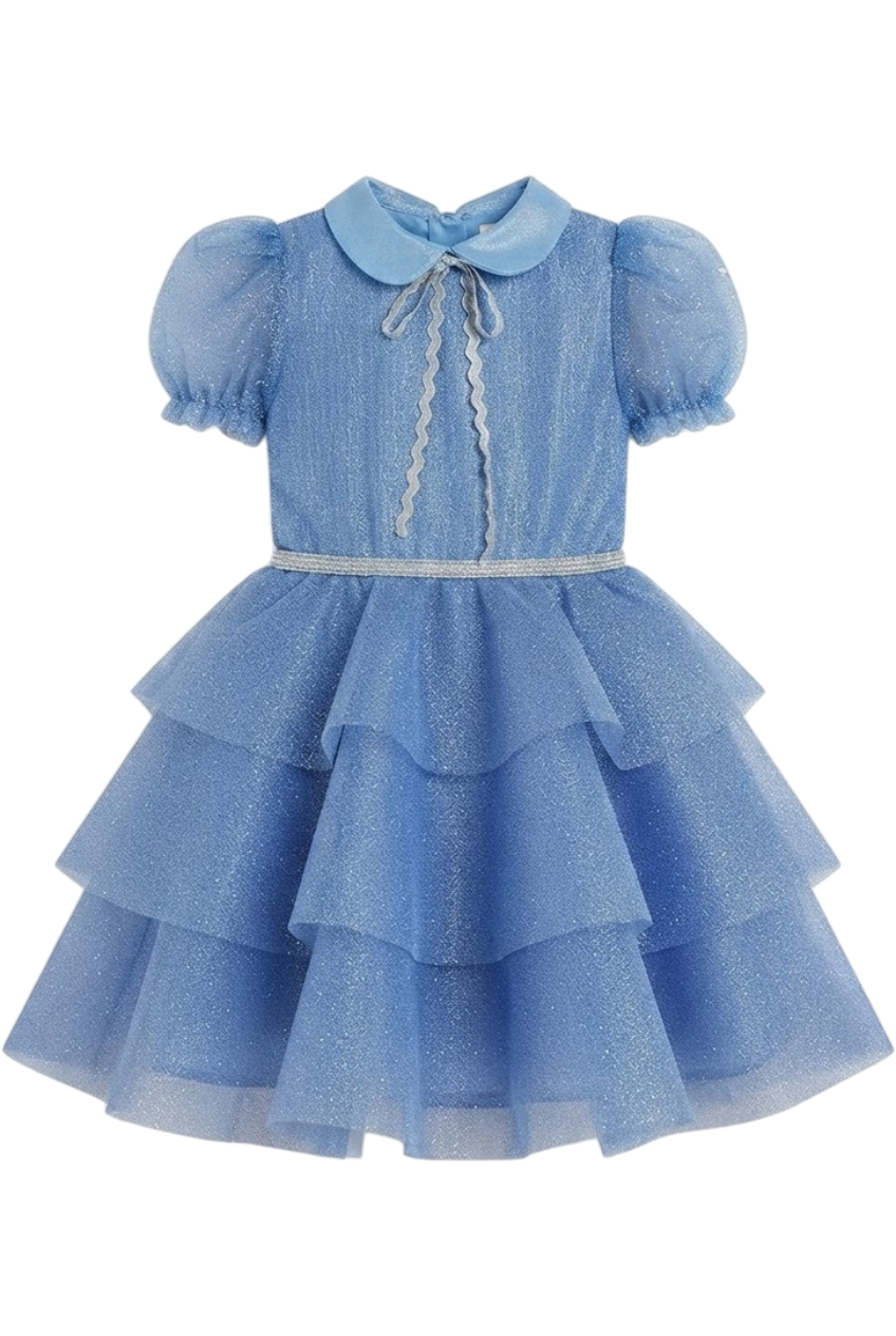 Blue and silver glittery layered dress with collar - product view