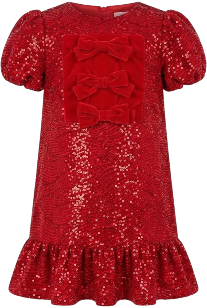 Red velvet sequin dress with bows - product view