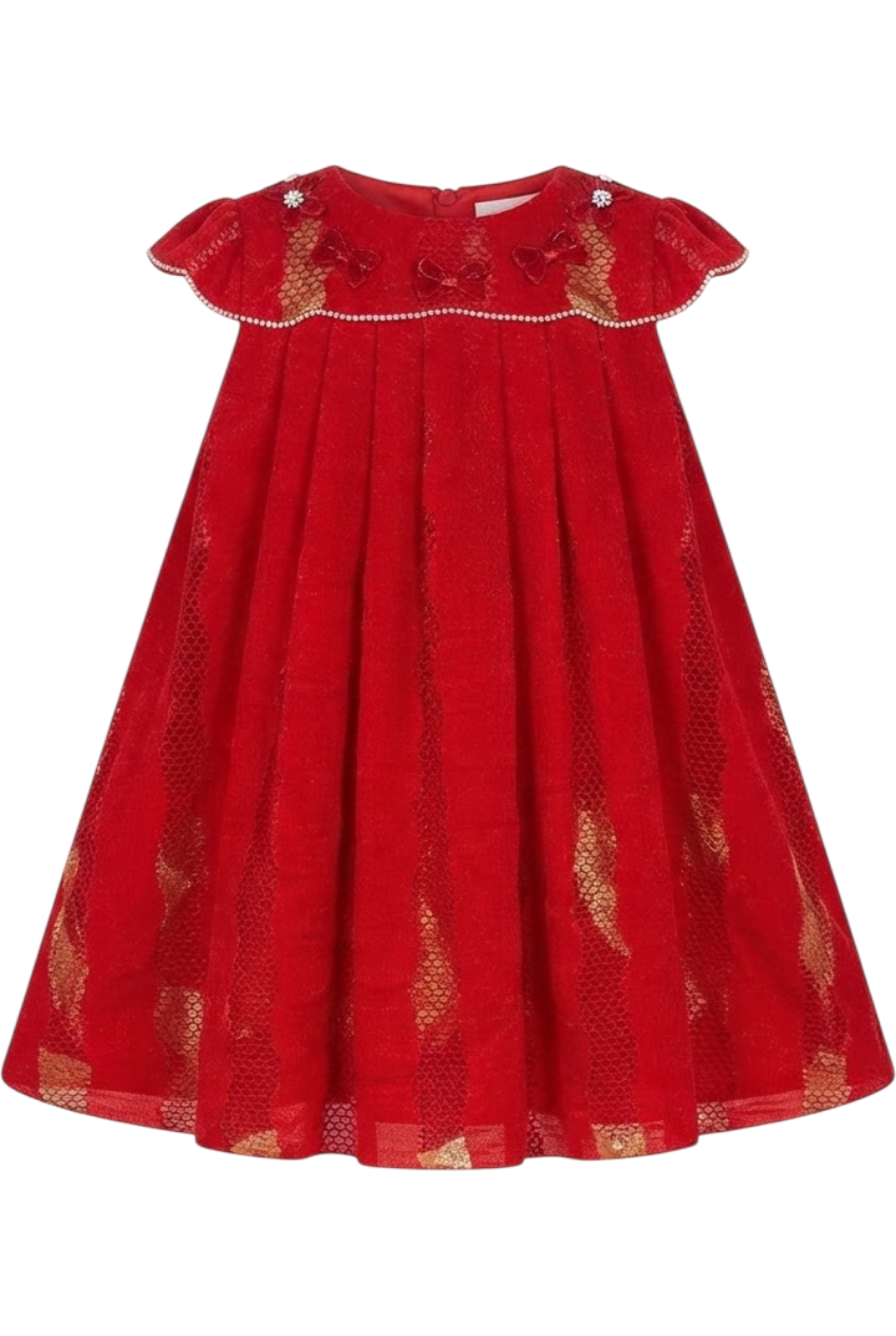Red velvet-feel lace dress with crystals and red bows hand-embroidery - product view