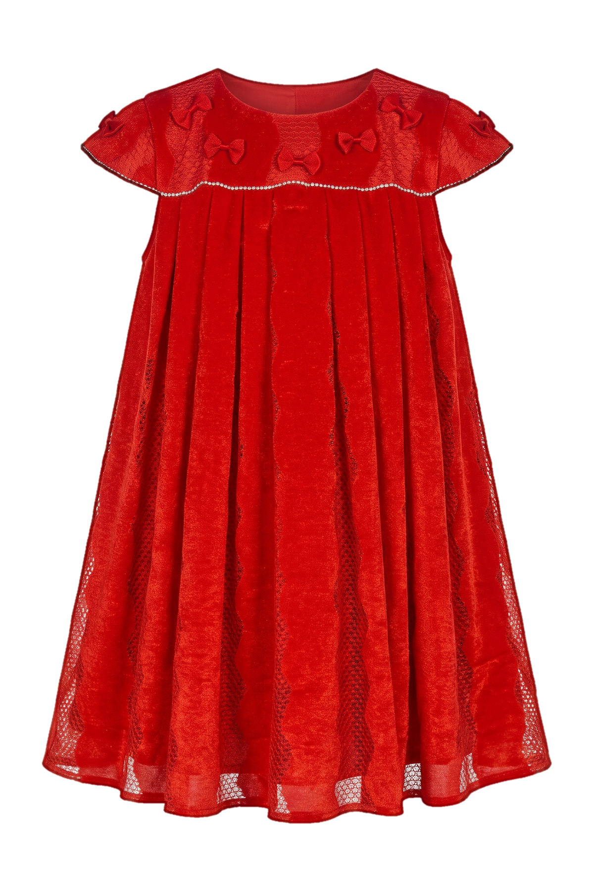 Red velvet-feel lace dress with crystals and red bows hand-embroidery - product view