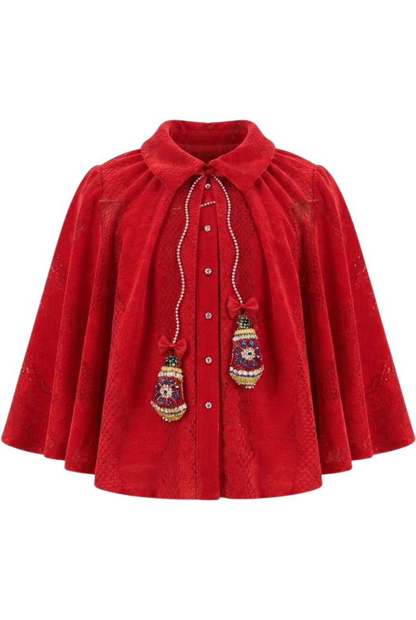 Red velvet-feel lace cape with hand-embroidery of Christmas toys - product view