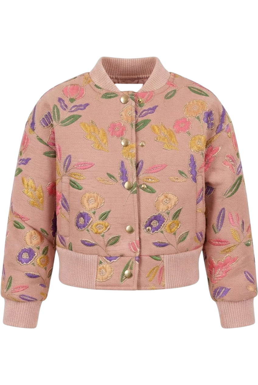 Pink and gold jacquard floral bomber jacket - product view