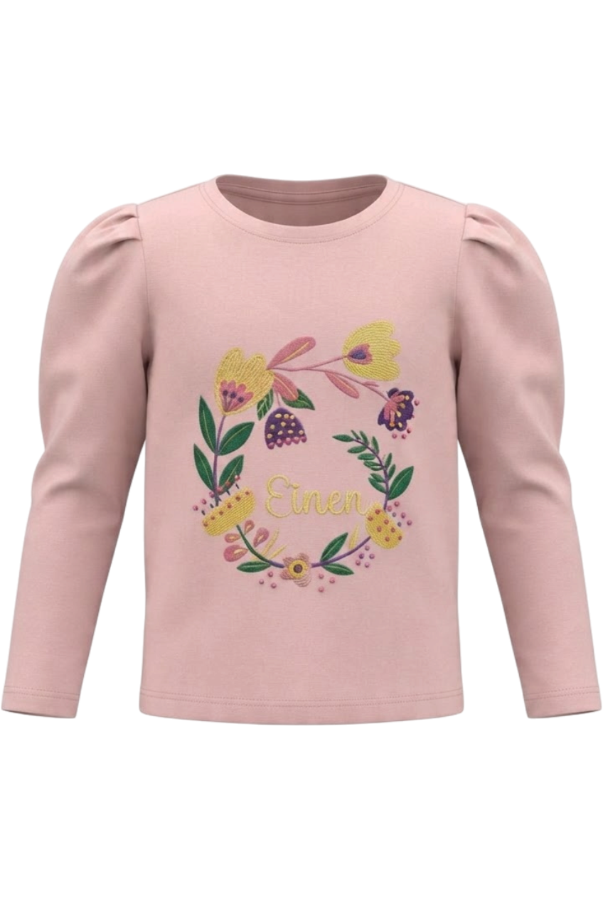 Pink t-shirt with floral print and puffed sleeves - product view