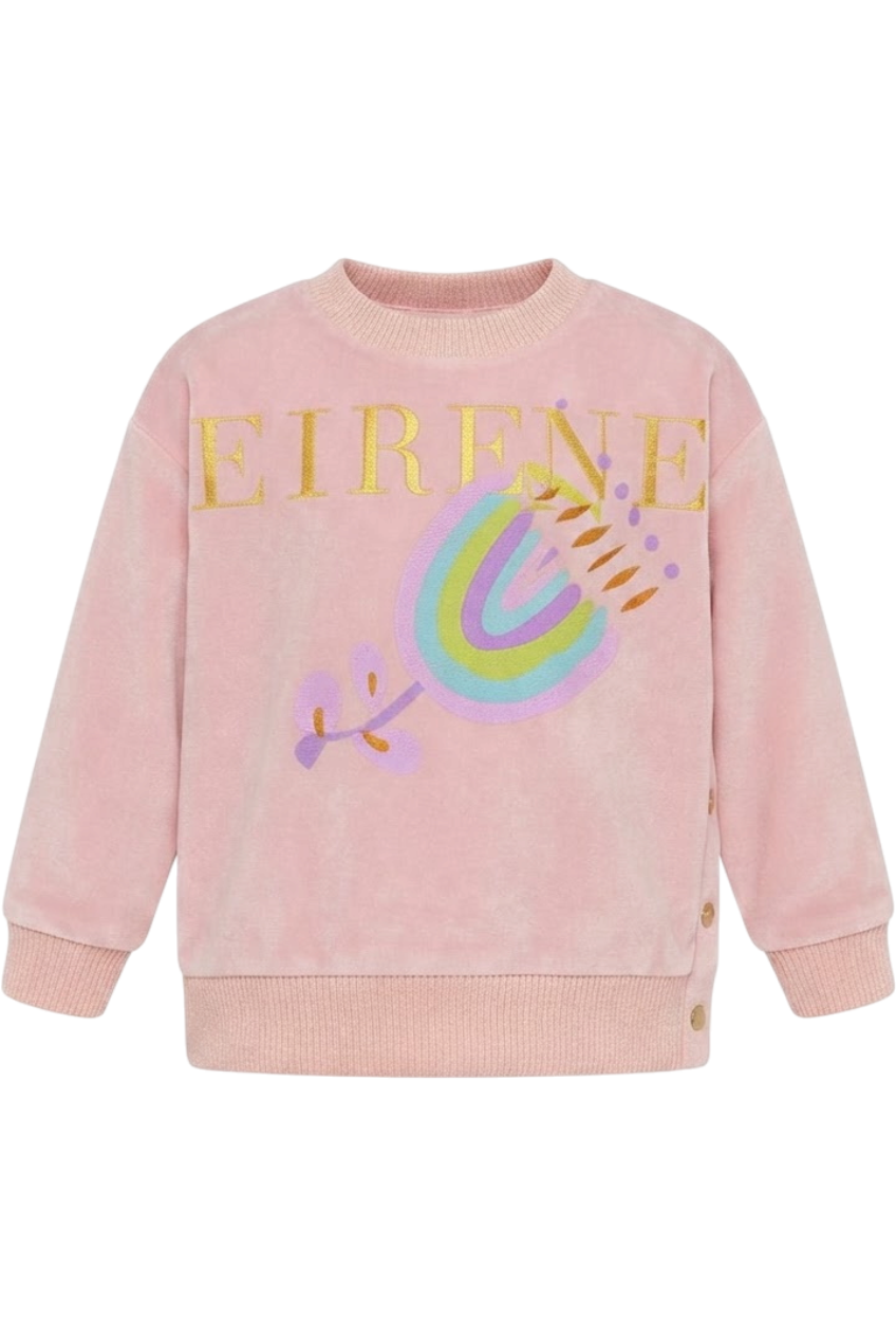 Pink cotton velvet sweatshirt with logo, print and side buttons - product view
