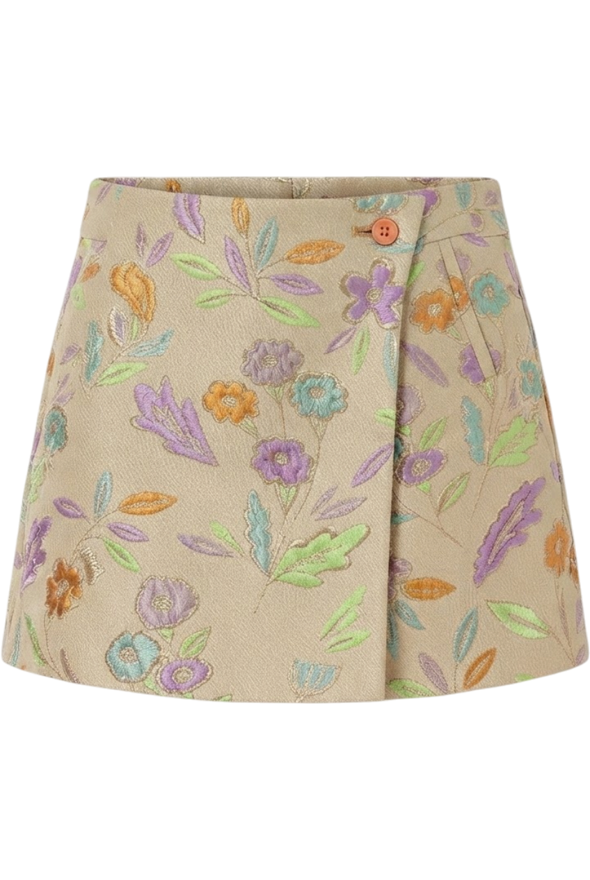 Gold floral jacquard skort - product view