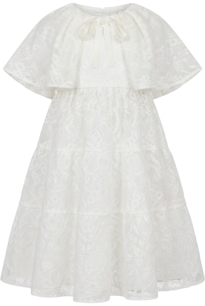 White soft floral lace cape dress with velvet bow - product view