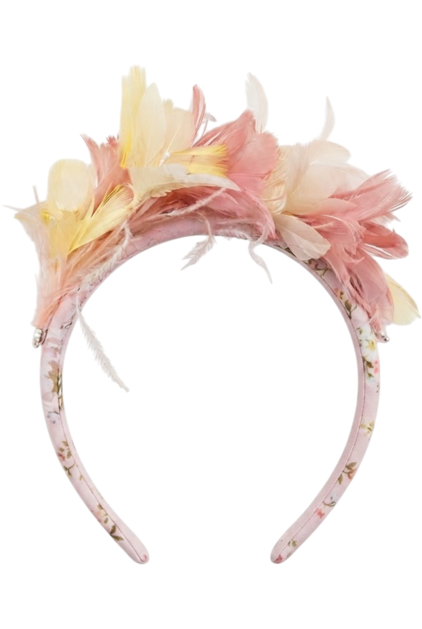Floral print hairband with yellow and pink feathers - product view
