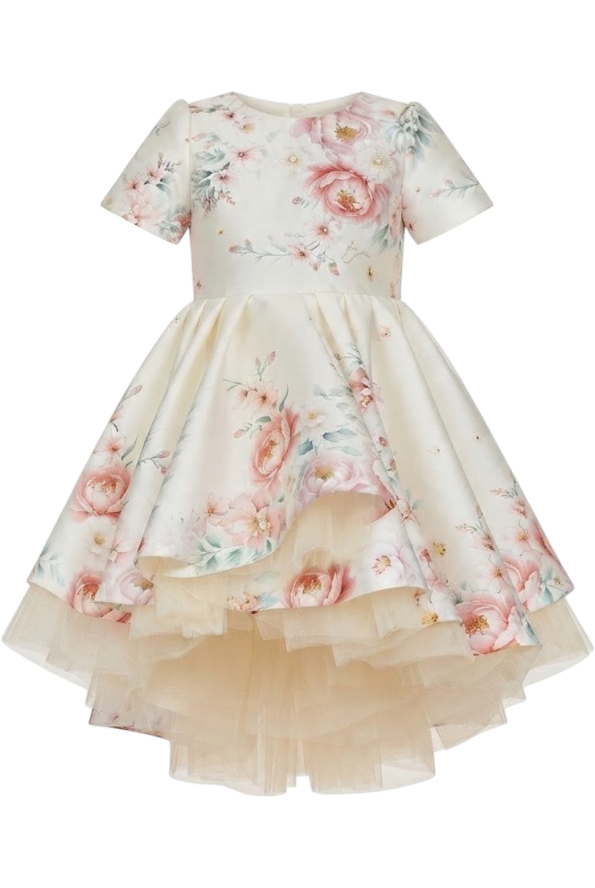 Off-white floral asymmetrical tulle dress with hand-embellished front - product view