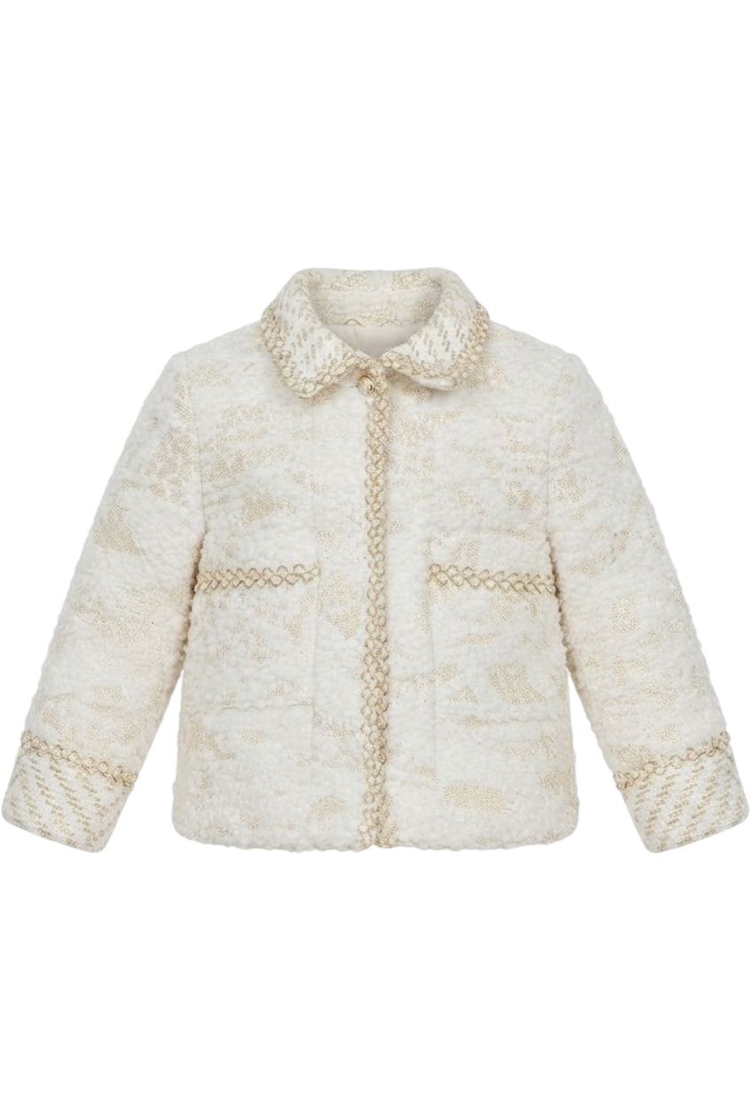 White and gold fur wool blend coat with gold details - product view