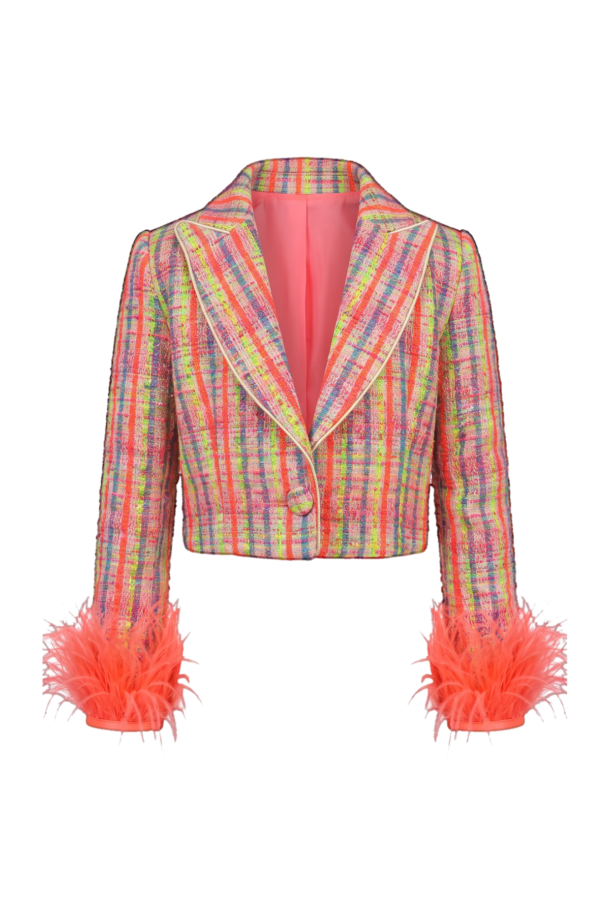 Pink, blue, green neon tweed cotton blend blazer with removable feather cuffs - product view