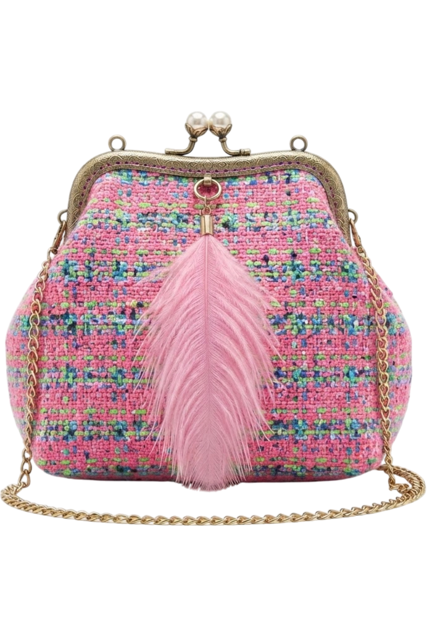 Pink, blue, green neon tweed cotton blend bag with feather pendant - product view