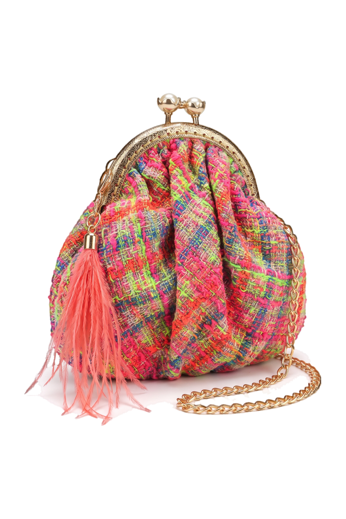 Pink, blue, green neon tweed cotton blend bag with feather pendant - product view