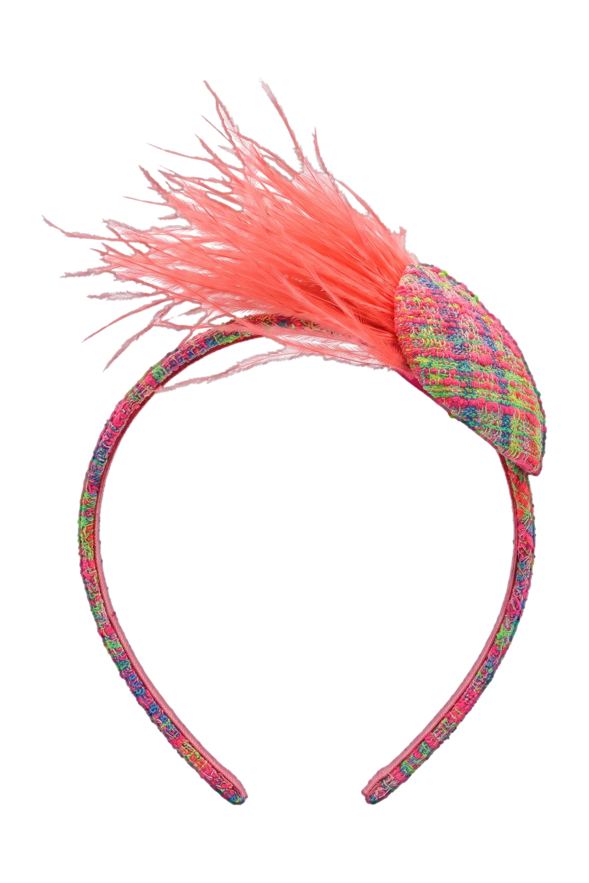 Pink, blue, green neon tweed headband with feathers - product view