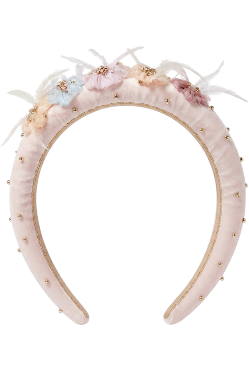 Pale pink headband with hand-embellishment of flowers with crystals and feathers - product view