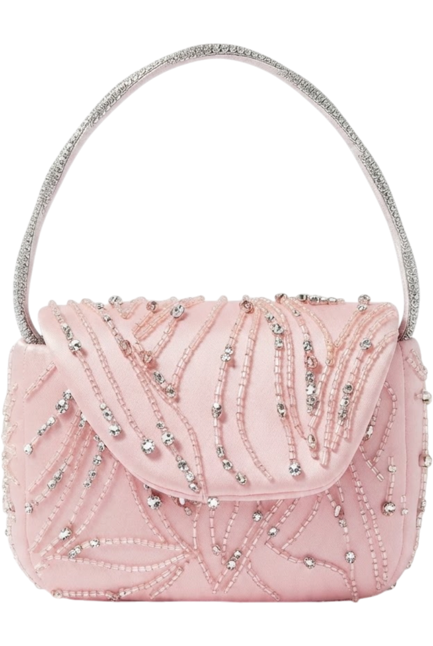 Crystals and beads hand-embellished pink bag with silver handle - product view