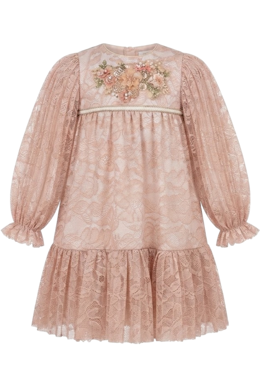 Pale pink pleated lace dress with a handmade embellishment - product view
