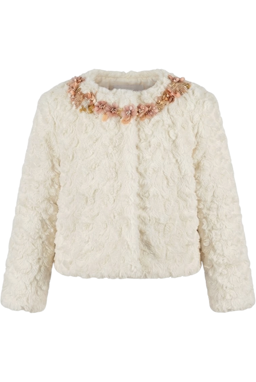 Off-white faux fur short coat with handmade embellishment - product view