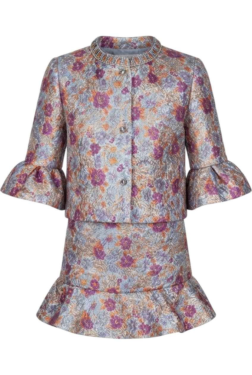 Multicolor shimmering jacquard blazer and skirt set - product view