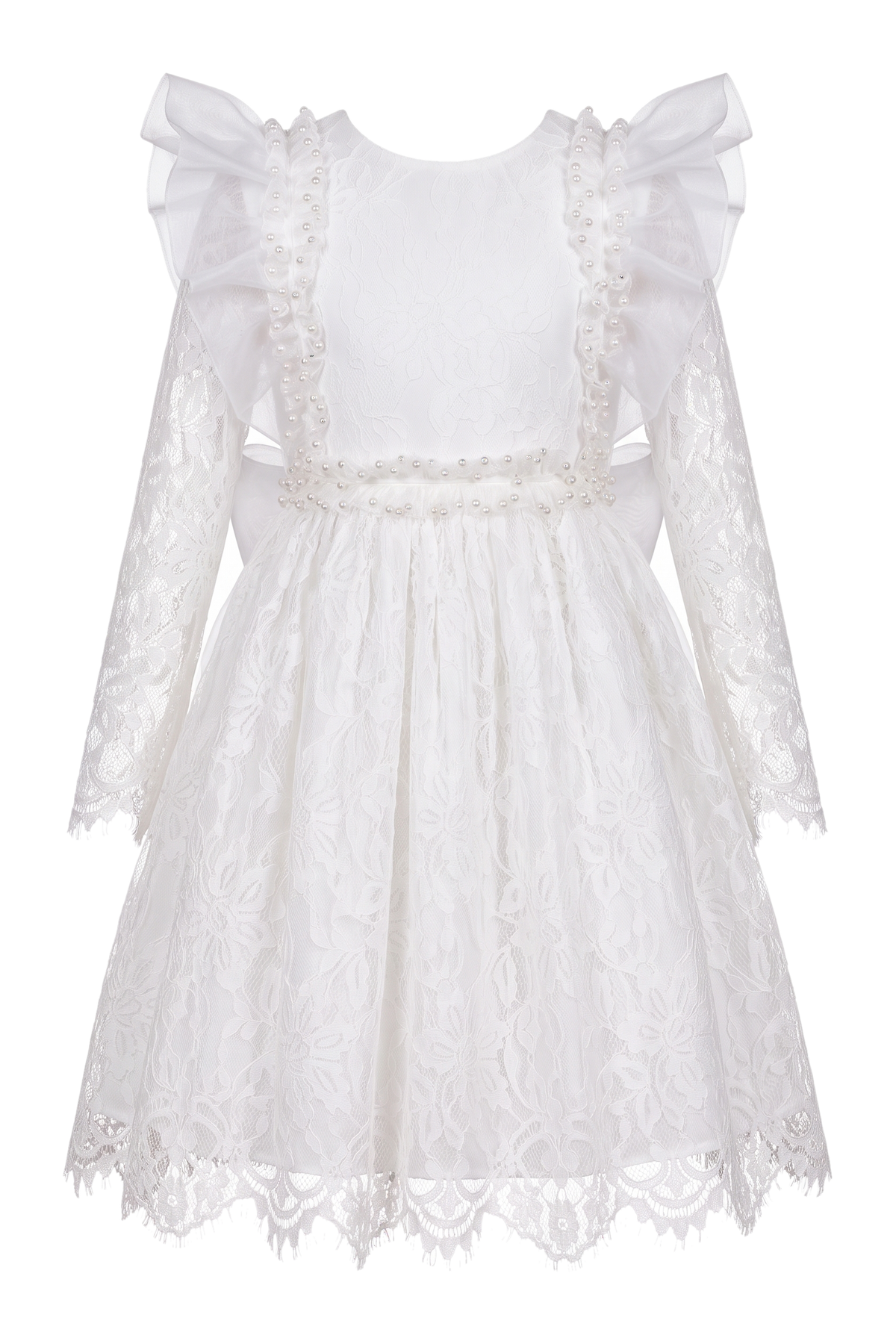 White lace dress with with pearls and organza bow and frills - product view