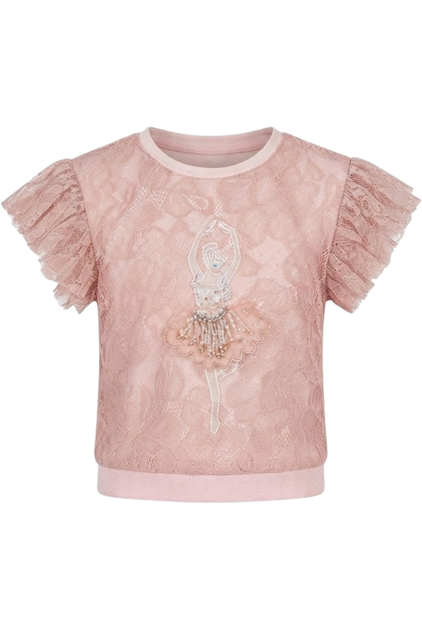 Soft pink lace t-shirt with pleated sleeves and a handmade ballerina embellishment - product view