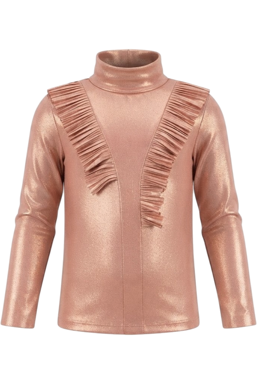 Shimmering rose gold turtleneck shirt with frills - product view