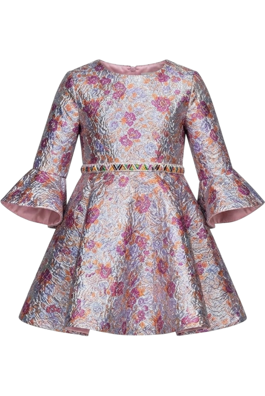 Shimmering purple, lilac and orange jacquard dress - product view