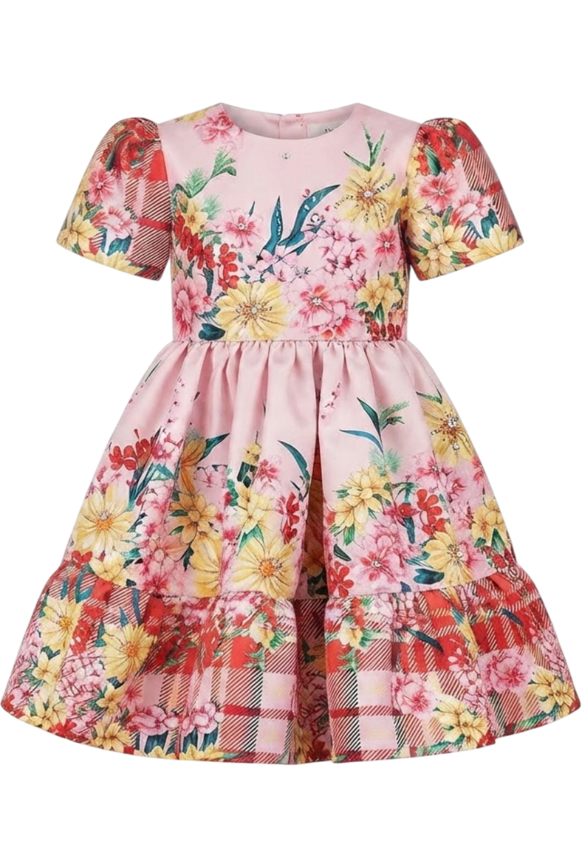 Pink printed floral dress with Swarovski crystals - product view