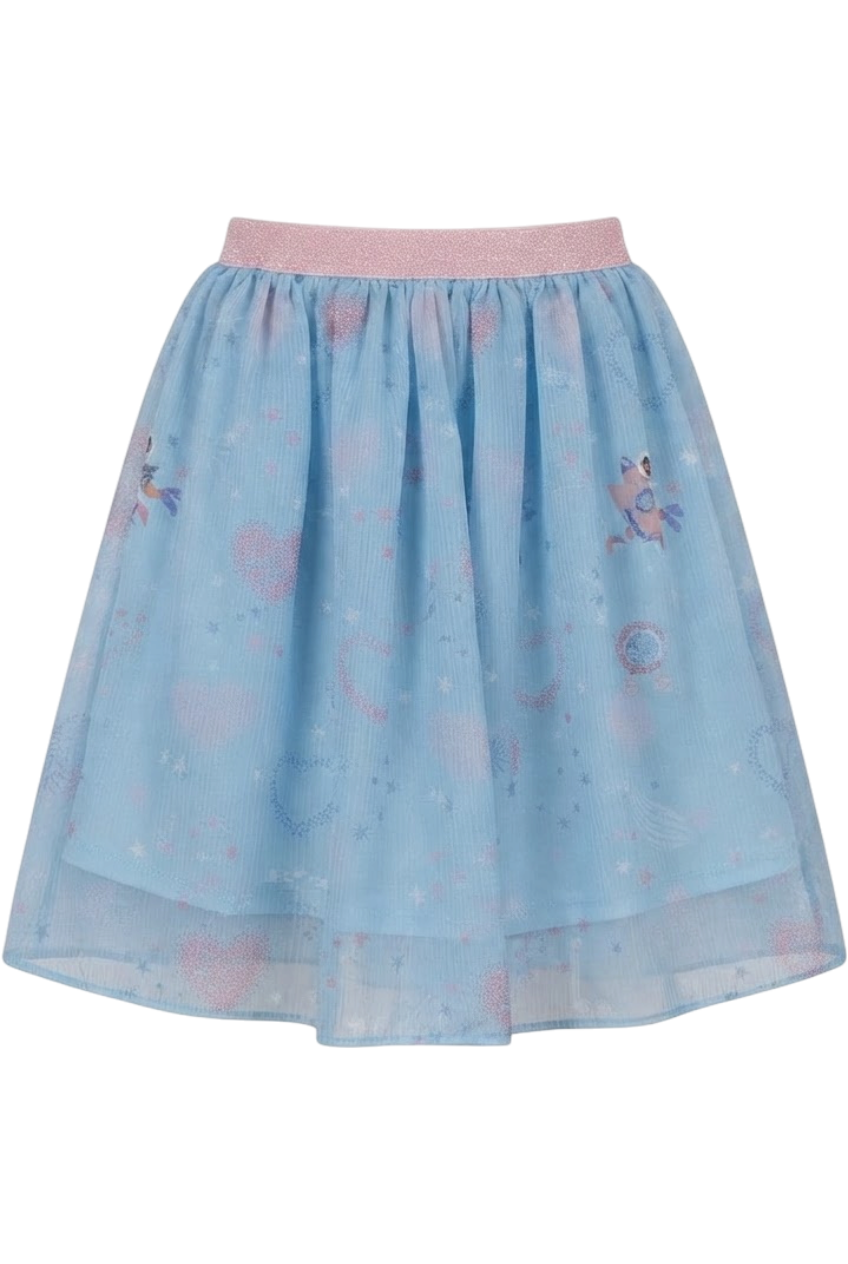 Chiffon space printed blue skirt with an elastic waistband - product view