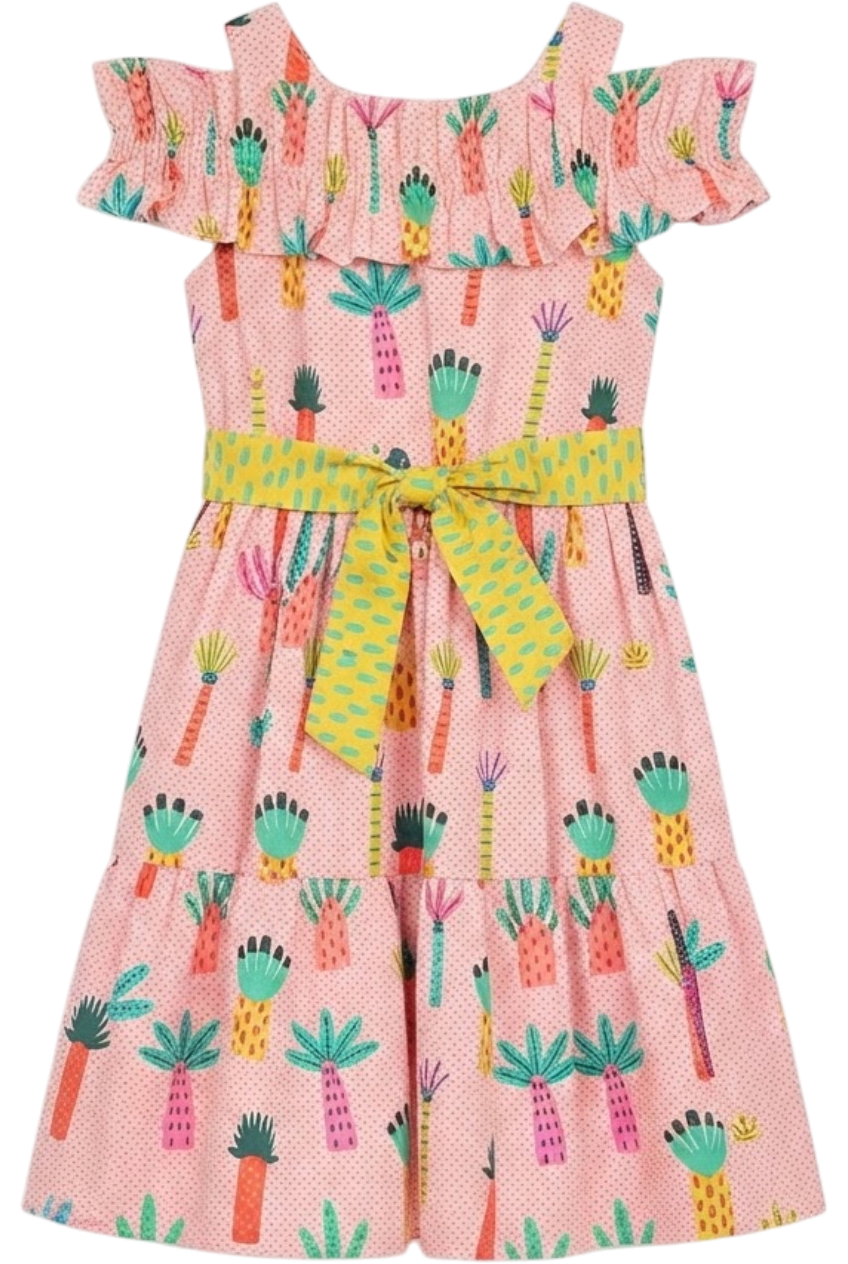 Cotton palms dress with shoulder  frill and contrast belt - product view