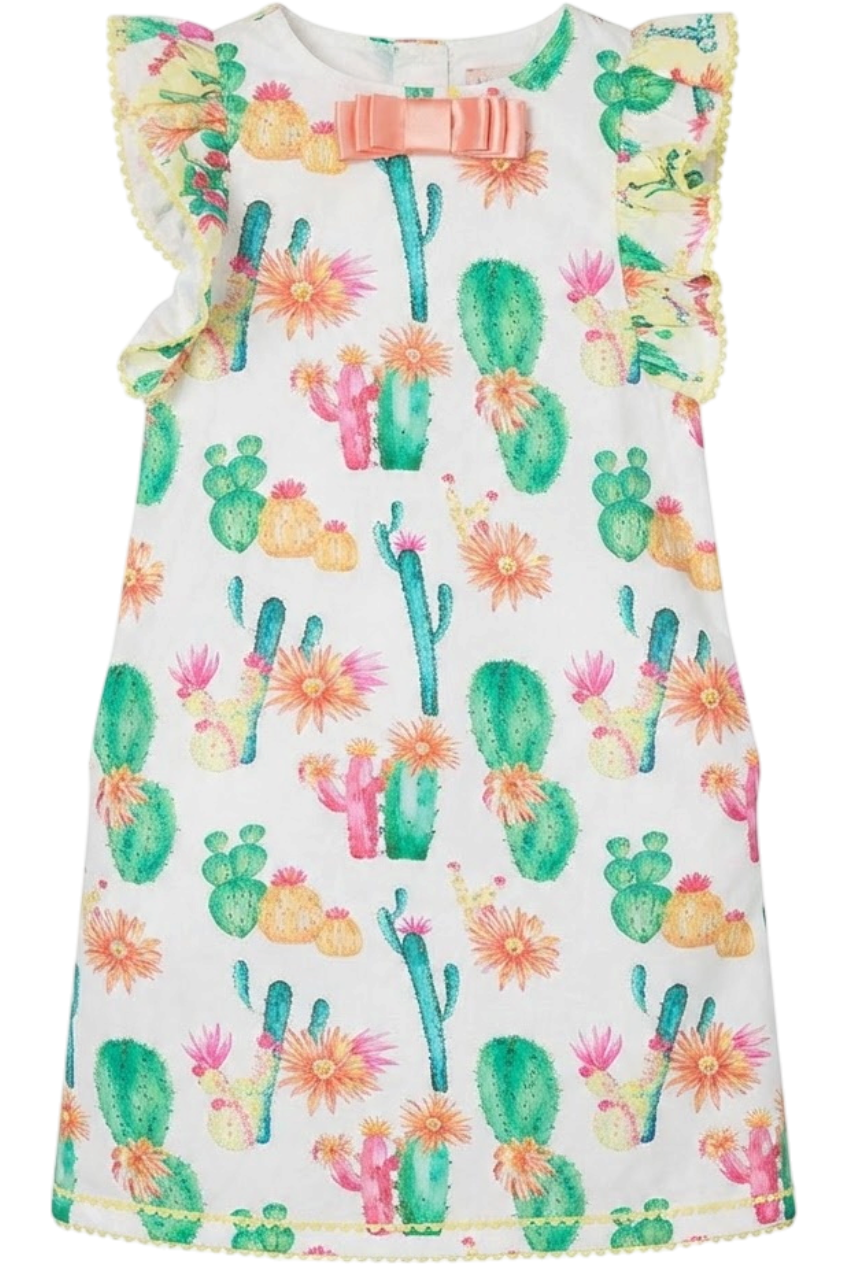 White cactuses cotton dress with bow and side pockets - product view