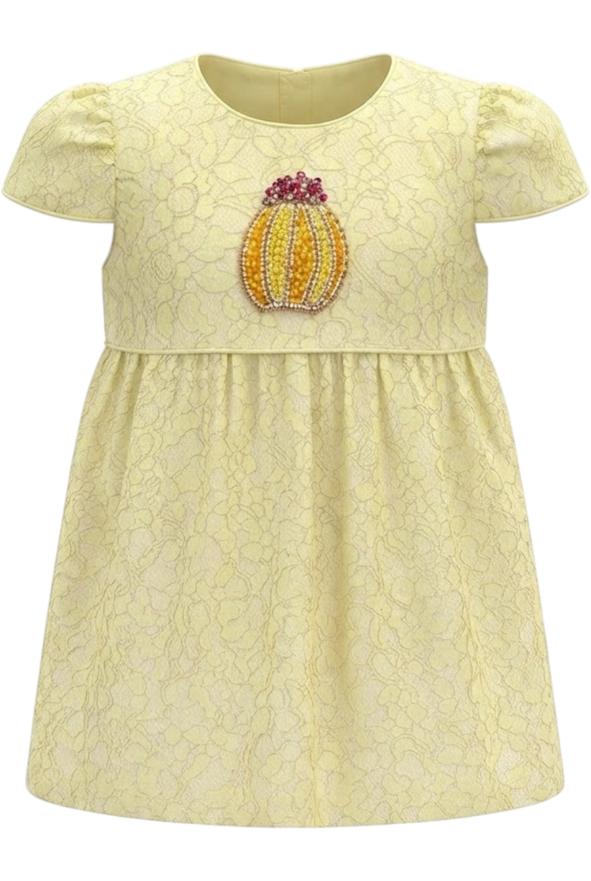 Pale yellow lace dress with hand-made yellow cactus embroidery - product view