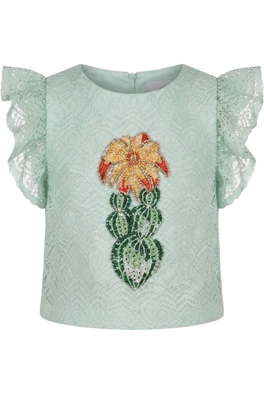 Mint lace top with hand-made cactus embroidery - product view