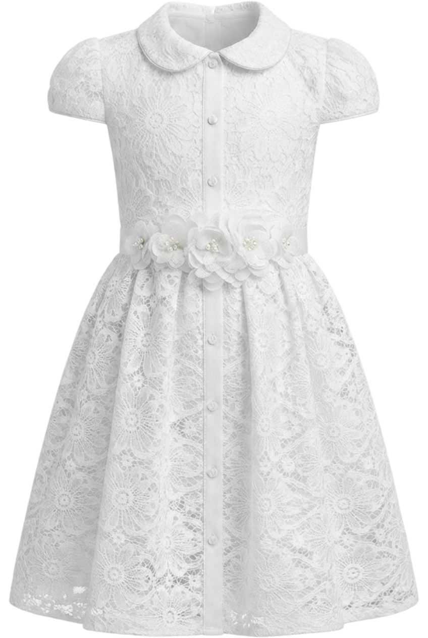 White floral dress with flower belt - product view